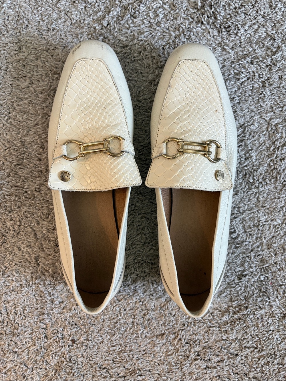 Seychelles Cream Faux-Snakeskin Loafers with Gold Hardware